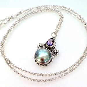 Novica Indonesia Blue Pearl Amethyst Floral Beaded Pendant with 27 1/4” chain